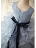 Blue Satin Organza Ruffled Flower Girl Dress With Flower Sash